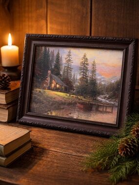 Thomas Kinkade “Peaceful Retreat” Framed Print Cabin Landscape 12x10 Lodge Decor